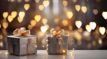 ai generado regalo caja conjunto con corazón forma con oro cinta sentado en mesa con hermosa bokeh foto