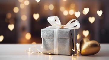 AI generated gift box set with heart shape with gold ribbon sitting on table with beautiful bokeh photo