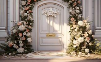 AI generated front door with flower arrangement, light and lanterns photo