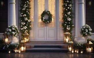 AI generated front door with flower arrangement, light and lanterns photo