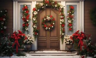 AI generated front door with flower arrangement, light and lanterns photo