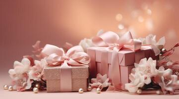 AI generated gifts with ribbons and flowers on pink background photo