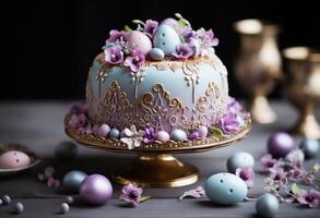 AI generated easter special cake decorated with pastel eggs photo