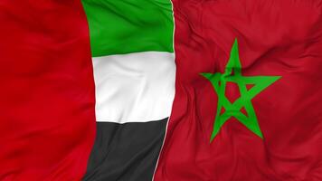 United Arab Emirates and Morocco Flags Together Seamless Looping Background, Looped Bump Texture Cloth Waving Slow Motion, 3D Rendering video