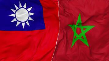 Taiwán y Marruecos banderas juntos sin costura bucle fondo, serpenteado bache textura paño ondulación lento movimiento, 3d representación video