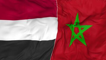 Yemen and Morocco Flags Together Seamless Looping Background, Looped Bump Texture Cloth Waving Slow Motion, 3D Rendering video