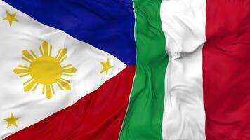 Italien und Philippinen Flaggen zusammen nahtlos Schleifen Hintergrund, geloopt stoßen Textur Stoff winken schleppend Bewegung, 3d Rendern video