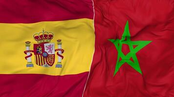 Spain and Morocco Flags Together Seamless Looping Background, Looped Bump Texture Cloth Waving Slow Motion, 3D Rendering video