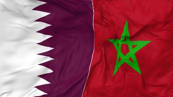 qatar en Marokko vlaggen samen naadloos looping achtergrond, lusvormige buil structuur kleding golvend langzaam beweging, 3d renderen video