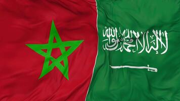 KSA, Kingdom of Saudi Arabia and Morocco Flags Together Seamless Looping Background, Looped Bump Texture Cloth Waving Slow Motion, 3D Rendering video