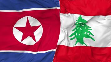 North Korea and Lebanon Flags Together Seamless Looping Background, Looped Bump Texture Cloth Waving Slow Motion, 3D Rendering video