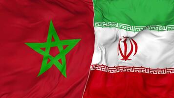 iran och marocko flaggor tillsammans sömlös looping bakgrund, looped stöta textur trasa vinka långsam rörelse, 3d tolkning video
