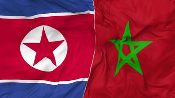 North Korea and Morocco Flags Together Seamless Looping Background, Looped Bump Texture Cloth Waving Slow Motion, 3D Rendering video