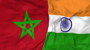 India and Morocco Flags Together Seamless Looping Background, Looped Bump Texture Cloth Waving Slow Motion, 3D Rendering video