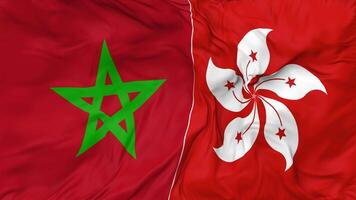 Hong Kong and Morocco Flags Together Seamless Looping Background, Looped Bump Texture Cloth Waving Slow Motion, 3D Rendering video