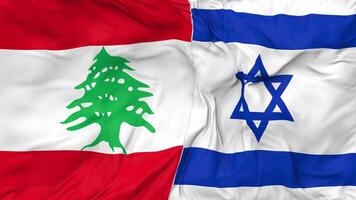 Israel y Líbano banderas juntos sin costura bucle fondo, serpenteado bache textura paño ondulación lento movimiento, 3d representación video