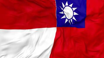 Indonesia and Taiwan Flags Together Seamless Looping Background, Looped Bump Texture Cloth Waving Slow Motion, 3D Rendering video