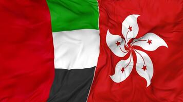 United Arab Emirates and Hong Kong Flags Together Seamless Looping Background, Looped Bump Texture Cloth Waving Slow Motion, 3D Rendering video