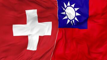 Suiza y Taiwán banderas juntos sin costura bucle fondo, serpenteado bache textura paño ondulación lento movimiento, 3d representación video