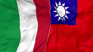 Italia y Taiwán banderas juntos sin costura bucle fondo, serpenteado bache textura paño ondulación lento movimiento, 3d representación video