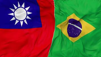 Brazil and Taiwan Flags Together Seamless Looping Background, Looped Bump Texture Cloth Waving Slow Motion, 3D Rendering video