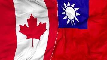 Canadá y Taiwán banderas juntos sin costura bucle fondo, serpenteado bache textura paño ondulación lento movimiento, 3d representación video