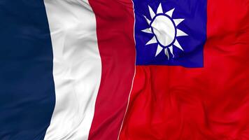 Francia y Taiwán banderas juntos sin costura bucle fondo, serpenteado bache textura paño ondulación lento movimiento, 3d representación video