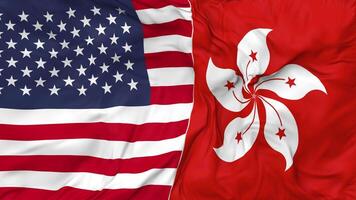 United States and Hong Kong Flags Together Seamless Looping Background, Looped Bump Texture Cloth Waving Slow Motion, 3D Rendering video