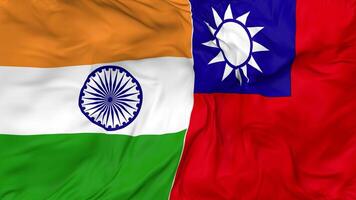 India y Taiwán banderas juntos sin costura bucle fondo, serpenteado bache textura paño ondulación lento movimiento, 3d representación video