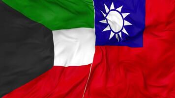 Kuwait y Taiwán banderas juntos sin costura bucle fondo, serpenteado bache textura paño ondulación lento movimiento, 3d representación video