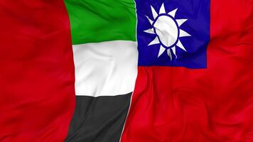 unido árabe emiratos y Taiwán banderas juntos sin costura bucle fondo, serpenteado bache textura paño ondulación lento movimiento, 3d representación video