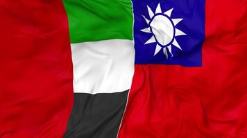 United Arab Emirates and Taiwan Flags Together Seamless Looping Background, Looped Bump Texture Cloth Waving Slow Motion, 3D Rendering video