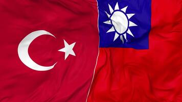 Turquía y Taiwán banderas juntos sin costura bucle fondo, serpenteado bache textura paño ondulación lento movimiento, 3d representación video