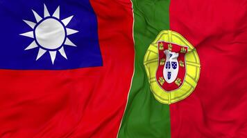 Portugal and Taiwan Flags Together Seamless Looping Background, Looped Bump Texture Cloth Waving Slow Motion, 3D Rendering video