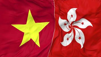 Vietnam und Hong kong Flaggen zusammen nahtlos Schleifen Hintergrund, geloopt stoßen Textur Stoff winken schleppend Bewegung, 3d Rendern video