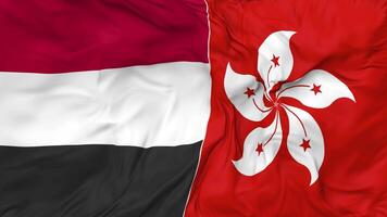 Jemen en hong Kong vlaggen samen naadloos looping achtergrond, lusvormige buil structuur kleding golvend langzaam beweging, 3d renderen video