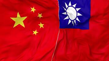 China y Taiwán banderas juntos sin costura bucle fondo, serpenteado bache textura paño ondulación lento movimiento, 3d representación video
