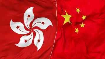China and Hong Kong Flags Together Seamless Looping Background, Looped Bump Texture Cloth Waving Slow Motion, 3D Rendering video