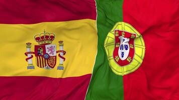 Spain and Portugal Flags Together Seamless Looping Background, Looped Bump Texture Cloth Waving Slow Motion, 3D Rendering video