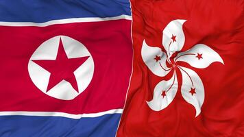 North Korea and Hong Kong Flags Together Seamless Looping Background, Looped Bump Texture Cloth Waving Slow Motion, 3D Rendering video