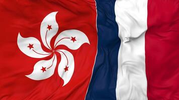 Frankrijk en hong Kong vlaggen samen naadloos looping achtergrond, lusvormige buil structuur kleding golvend langzaam beweging, 3d renderen video