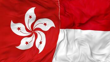 Indonesia and Hong Kong Flags Together Seamless Looping Background, Looped Bump Texture Cloth Waving Slow Motion, 3D Rendering video