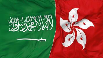 KSA, Kingdom of Saudi Arabia and Hong Kong Flags Together Seamless Looping Background, Looped Bump Texture Cloth Waving Slow Motion, 3D Rendering video