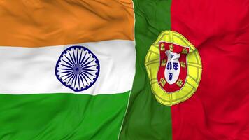 India and Portugal Flags Together Seamless Looping Background, Looped Bump Texture Cloth Waving Slow Motion, 3D Rendering video