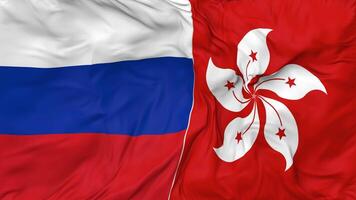 Russia and Hong Kong Flags Together Seamless Looping Background, Looped Bump Texture Cloth Waving Slow Motion, 3D Rendering video