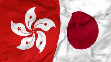 Japan en hong Kong vlaggen samen naadloos looping achtergrond, lusvormige buil structuur kleding golvend langzaam beweging, 3d renderen video