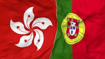 Portugal and Hong Kong Flags Together Seamless Looping Background, Looped Bump Texture Cloth Waving Slow Motion, 3D Rendering video