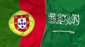 KSA, Kingdom of Saudi Arabia and Portugal Flags Together Seamless Looping Background, Looped Bump Texture Cloth Waving Slow Motion, 3D Rendering video