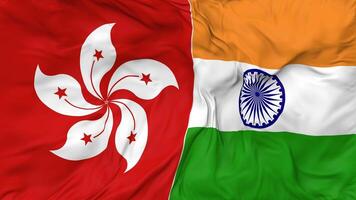 India and Hong Kong Flags Together Seamless Looping Background, Looped Bump Texture Cloth Waving Slow Motion, 3D Rendering video