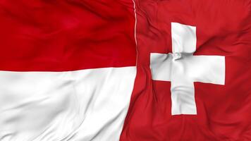 Switzerland and Indonesia Flags Together Seamless Looping Background, Looped Bump Texture Cloth Waving Slow Motion, 3D Rendering video